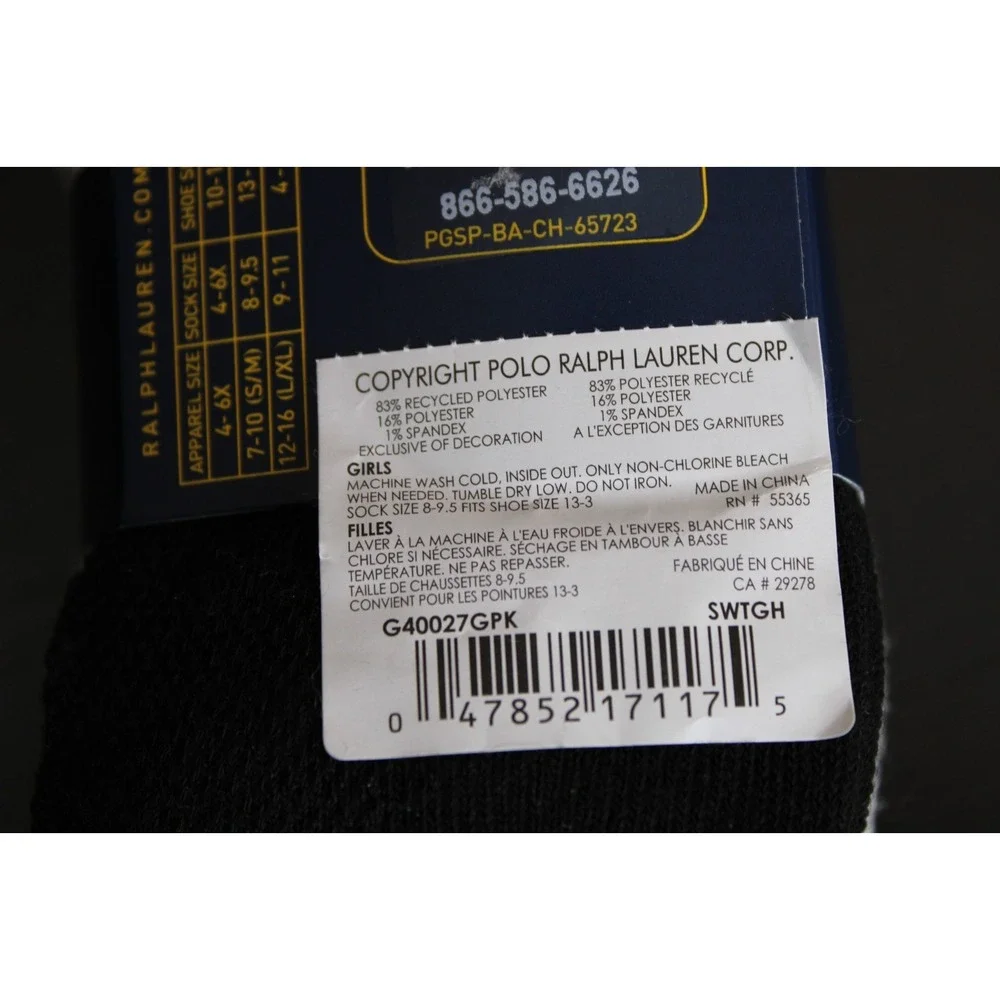 Polo Ralph‎ Lauren 6 Pairs girl's White Black Gray Low Cut Socks Size 8-9.5
